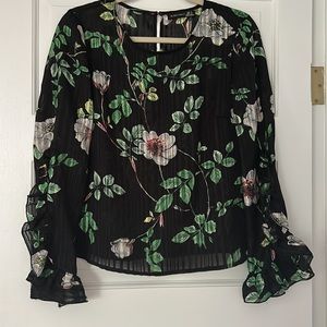 Black Tape Floral Blouse with Ruffle Sleeve